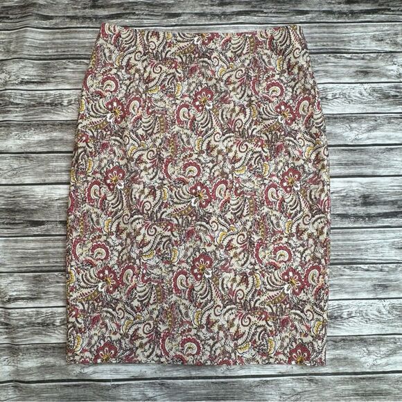 Charter Club Womens Paisley Pencil Skirt Cream Brown Yellow Red 10 Elastic Waist - Picture 2 of 11